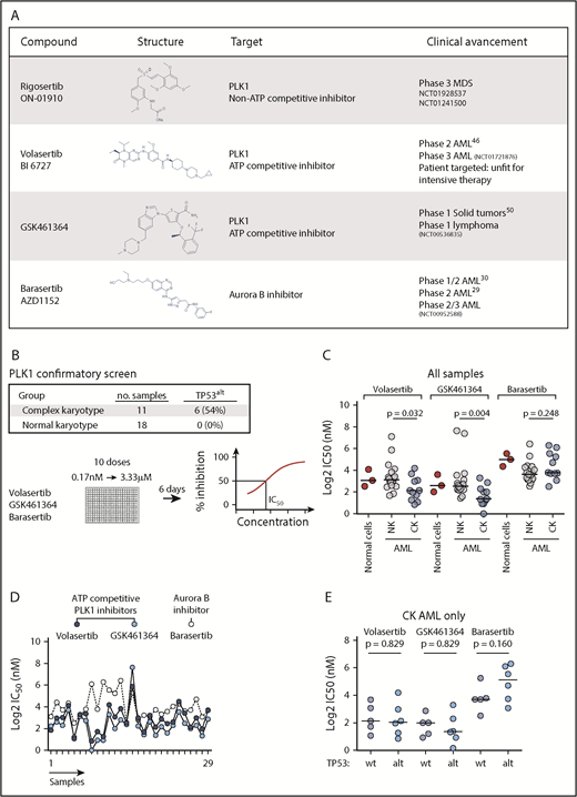 Figure 3. Validation screen for PLK1 inhibitors. (A) PLK1 inhibitors used in primary and secondary screens along with Aurora B inhibitor barasertib are depicted with their respective structures and clinical advancement. (B) Layout of the validation screen assay. (C) Dot plot representation of volasertib, GSK461364, and barasertib IC50 values (Log2 nM) in normal hematopoietic cells (2 samples are CD34+ cord blood cells and 1 sample is CD34+ mobilized peripheral blood), NK, and CK AML samples. (D) Correlation analysis of inhibitory responses (Log2 IC50 in nM) across AML samples. (E) IC50 values (Log2 nM) of volasertib, GSK461364, and barasertib are compared in CK AML samples according to their TP53 status (WT vs altered). Medians are represented by a black line in dot plots. alt, altered; NK, normal karyotype; wt, wild type.