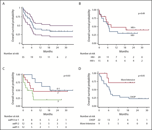 Figure 3. Kaplan-Meier curves for OS. OS curves shown for entire cohort (with 95% CI bands) (A), by HIV status (B), by aaIPI (C), and by treatment (CHOP vs more intensive regimens) (D).