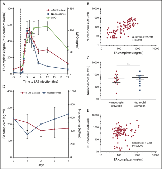 Figure 1. Nucleosomes have other origins besides neutrophils. (A) Nucleosomes and EA complex levels in plasma of humans injected with LPS at t = 0 (n = 8). (B) Nucleosome levels positively correlate to EA complex levels in LPS-challenged subjects. (C) Nucleosome levels in septic patients with neutrophil activation on admission (>100 ng/mL, n = 8) or without neutrophil activation (<100 ng/mL, n = 12) are not statistically different. (D) Nucleosomes and EA complex levels in plasma of sepsis patients (n = 20) at start of admission and during admission to the hospital. (E) No correlation exists between nucleosome and EA complex levels in the previously mentioned sepsis patients. Data are represented as mean ± standard error (A,D) or median ± interquartile range (C). P < .05 was considered significant. ns, not significant.