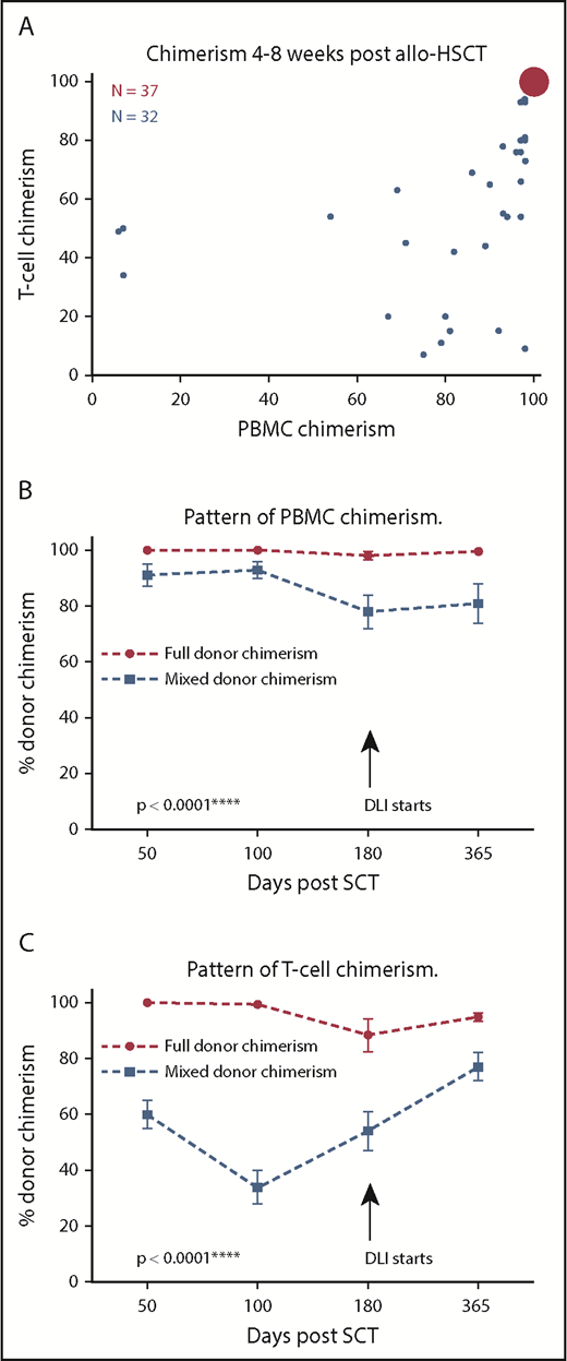 Figure 1. PBMC and T-cell donor chimerism following HSCT. (A) Bubble chart demonstrating PBMC and T-cell donor chimerism levels at day 50 posttransplant. The area of each bubble represents the number of events. The first group (n = 37, red), displayed FC, in which both PBMC and T-cell donor chimerism was ≥99%. The second group (MC, n = 32, blue) demonstrated MC in both PBMC and T-cell fractions (PBMC and T-cell chimerism ≤98%). The pattern of PBMC donor chimerism up to day 365 according to donor chimerism at day 50 posttransplant. PBMC chimerism remained stable at complete (or near complete) donor chimerism in patients who demonstrated FC by day 50 posttransplant. In contrast, PBMC donor chimerism remained significantly lower in those found to have MC at day 50, even beyond the initiation of donor lymphocyte infusion (DLI) at day 180 (****P < .0001; 2-way ANOVA, with post hoc Tukey test, mean, and standard error shown for all data points; FC, n = 37; MC, n = 32). (B) The pattern of T-cell donor chimerism up to day 365 according to donor chimerism at day 50 posttransplant. (C) T-cell chimerism remained stable at complete (or near complete) donor chimerism for the first 100 days in patients who demonstrated FC by day 50 posttransplant, but displayed an average drop of 10% by day 180. In contrast, T-cell donor chimerism remained significantly lower in those found to have MC at day 50 with a trend toward partial correction following instigation of DLI at day 180 (****P < .0001, 2-way ANOVA, with post hoc Tukey test, mean, and standard error shown for all data points; FC, n = 37; MC, n = 32).