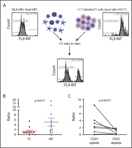 Figure 4. Treg cells limit cytotoxic alloreactive immune responses in the setting of MC. (A) Irradiated host HLA-DR+ APCs were cocultured with responder T cells isolated posttransplant. Cells were cocultured at a ratio of 1:1 for 5 days and then the number of residual live cells was determined by propidium iodide and Accu-Chek counting beads. An index of in vitro cytotoxicity was then defined as the percentage of remaining stimulator host HLA-DR++ cells divided by the percentage of remaining responder T cells. (B) Ratio of host HLA-DR+ cells: post-HSCT T cells, 1.3: 1 in the context of FC compared with 5:1 in the context of MC (*P = .011), indicating that T cells from patients with MC are less able to eliminate HLA-DR++ APCs. The mean and standard error are shown, and analysis was undertaken with a 2-tailed Mann-Whitney U test (FC, n = 11; MC, n = 12). (C) Coculture assays were reestablished from patients with MC following depletion of CD25+ cells (Treg cells) before in vitro culture. The ratio of host HLA-DR++ cells to T cells was significantly decreased, indicating that Treg cells act directly to suppress donor alloreactive cytotoxicity in the context of MC (*P = .0312). The mean and standard error are shown; analysis was undertaken with a Wilcoxon matched pairs signed rank test (n = 7).