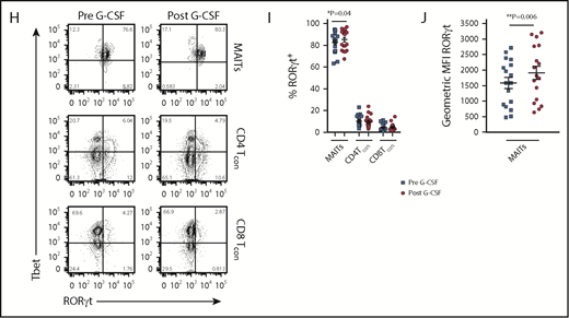 Blood MAIT cells are modified by G-CSF mobilization. (A) Plasma IL-17A levels before and after G-CSF administration (n = 17 donors). (B-C) Frequency and representative FACS plots of Th17 (CD3+CD8negIL-17A+), Th1 (CD3+CD8negIFN-γ+), Tc17 (CD3+CD8+IL-17A+), and Tc1 (CD3+CD8+IFN-γ+) subsets in PBMCs (n = 15 donors). (D) Number of CD3+ T cells per milliliter PB (n = 20 donors); ***P = .0007. (E) Number of Th17 (CD3+CD8negIL-17A+), Th1 (CD3+CD8negIFN-γ+), Tc17 (CD3+CD8+IL-17A+), and Tc1 (CD3+CD8+IFN-γ+) subsets per milliliter PB (n = 15 donors); **P = .0079, Tc17 number before vs after G-CSF. Data were analyzed using the paired Wilcoxon signed rank test and are presented using box-and-whisker plots showing the median with 25th percentiles (whiskers represent minimum to maximum values). (F) Representative FACS plots depicting IFN-γ and IL-17 expression in sorted donor MAIT, CD4Tcon, and CD8Tcon populations stimulated ex vivo with phorbol 12-myristate 13-acetate/ionomycin. (G) Frequency of IFN-γ–, IFN-γ/IL-17A–, and total IL-17A–expressing MAIT, CD4Tcon, and CD8Tcon populations (n = 5-8 donors); **P=.004, frequency of IFN-γ/IL-17A–expressing MAIT cells before vs after G-CSF; *P=.03, frequency of total IL-17A–expressing MAIT cells before vs after G-CSF. (H) Representative FACS plots showing Tbet and RORγt expression by donor MAIT, CD4Tcon, and CD8Tcon populations in unfractionated PBMCs. (I) Frequency of RORγt-expressing MAIT, CD4Tcon, and CD8Tcon populations (n = 17 donors); *P = 0.04. (J) Geometric MFI of RORγt expression in donor MAIT cells; **P = 0.006. Data are presented as mean ± standard error of the mean.