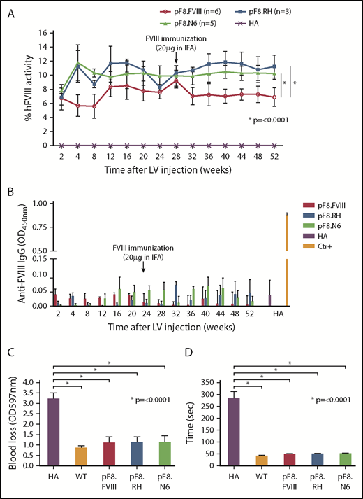 Figure 3. In vivo gene therapy with LVs expressing FVIII and FVIII-modified forms under the control of pF8. (A) aPTT assay on plasma of C57BL/6-HA mice up to 52 weeks after LV delivery. Compared with pF8.FVIII, the injection of pF8.RH (n = 3) and pF8.N6 (n = 5) significantly improves FVIII activity 1.4-fold (∼11%) and 1.3-fold (∼10%), respectively (*P ≤ .0001). (B) ELISA assay showing no anti-FVIII antibodies over time among treated mice. Bleeding assay (C) and bleeding time (D) highlighting hemophilic phenotype correction in all FVIII-injected mice compared with HA control mice (*P ≤ .0001). Saline-injected HA mice are used as control (n = 6).