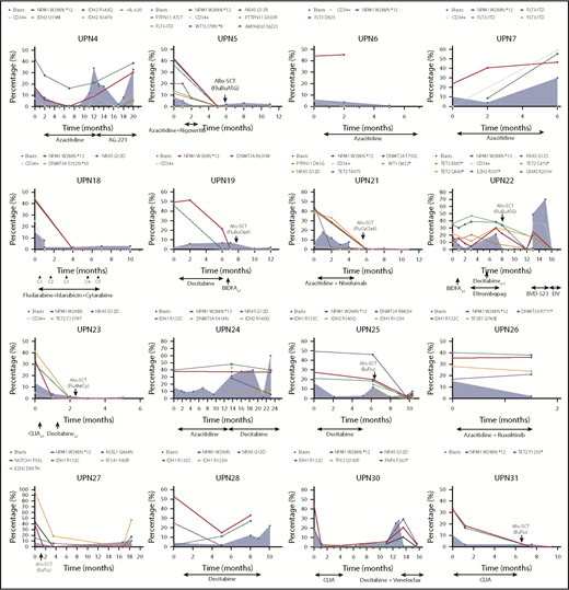 Figure 6. Dynamics of blast percentage and mutational burdens throughout the course of therapy. Blast percentages observed by BM morphologic evaluation are represented over time as blue shaded areas, with blast populations defined by flow cytometry represented as dotted gray lines. VAFs of somatic mutations are depicted over time in each patient. Clearance of NPM1 mutations can be observed in patients who respond to therapy (UPN 4, UPN 5, UPN 18, UPN 22, UPN 23, UPN 27, UPN 28, UPN 30, and UPN 31) or after allogeneic stem cell transplantation (UPN 19 and UPN 21). Disease relapses or progression were invariably associated with resurgence of NPM1 mutations, with correlation between mutation burden and blast population (UPN 4, UPN 7, UPN 22, UPN 24, UPN 25, UPN 28, and UPN 30). Acquisition of new clonal abnormalities was associated with transformation or relapse in a number of patients (UPN 4, UPN 7, UPN 22, UPN 24, UPN 25, UPN 28, and UPN 30). CLIA, cladribine, idarubicin, cytarabine.