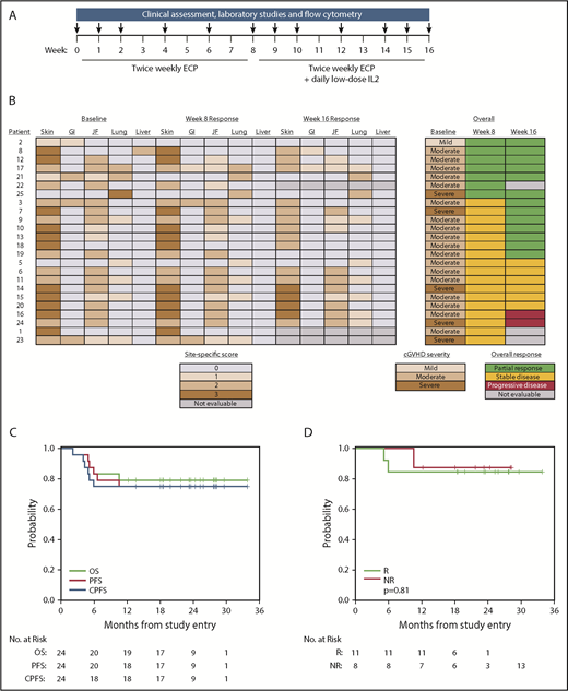 Figure 1. Clinical response, survival, and relapse. (A) Study design. (B) Skin, gastrointestinal (GI), joint/fascia (JF), lung, and liver cGVHD scores at baseline, week 8, and week 16. cGVHD severity at baseline (week 0) and overall responses at week 8 and week 16. (C) OS, PFS, and cGVHD PFS (CPFS) for all patients. (D) OS for responders (R) and nonresponders (NR).
