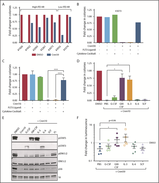 Figure 1. BM cytokines rescue FLT3-ITD AML. (A) Colony-forming assay of primary human FLT3-ITD AML in cytokine-rich methylcellulose treated with or without crenolanib. Brackets denote high (≥50%) or low (<50%) FLT3-ITD mutant to wild-type allelic ratio (ITD AR) expressed as a percentage of total alleles. Colony-forming assay of sample #3073 (B) or MV4;11 cells (n = 3) (C) in methylcellulose with or without cytokines and treated with crenolanib. (D) Colony-forming assay of MV4;11 cells in methylcellulose supplemented with the indicated cytokine and treated with crenolanib (n = 3). (E) Immunoblot of MV4;11 cells treated with crenolanib ± the indicated cytokine for 24 hours. (F) Adenosine triphosphate–based survival assay of primary human FLT3-ITD AML treated with crenolanib ± the indicated cytokine. Supplemental Table 1 provides characteristics of patient samples. Dashed line represents DMSO-treated control (n = 5). Error bars represent standard error of the mean (SEM). *P < .05; ****P < .0001. Cren10/50, crenolanib 10 or 50 nM; PBS, phosphate-buffered saline.