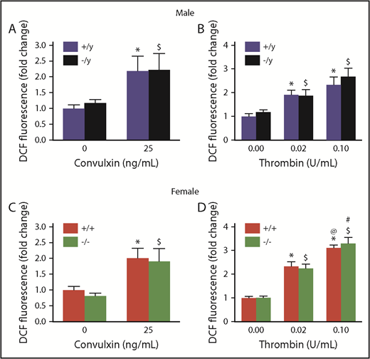 Figure 1. Nox2 deficiency does not alter platelet ROS production in male or female mice. Levels of intracellular ROS, detected by oxidation of CM-H2DCF, were measured in the presence or absence of stimulation with convulxin or thrombin in washed platelets from male (A-B) and female (C-D) WT (+/y or +/+) or Nox2-deficient (−/y or −/−) mice. The fluorescent signal generated as the result of oxidation of CM-H2DCF to CM-DCF is presented as fold change over the signal observed with platelets from sex-matched WT mice without thrombin or convulxin. Data are presented as mean ± standard error (n = 6 or 7 mice in each group). *P < .05 vs. WT (+/y or +/+) without convulxin/thrombin, $P < .05 vs. Nox2-deficient (−/y or −/−) without convulxin/thrombin, @P < .05 vs. WT (+/y or +/+) with thrombin (0.02 U/mL), #P < .05 vs. Nox2-deficient (−/y or −/−) with thrombin (0.02 U/mL), 2-way ANOVA with the Tukey test for multiple comparisons.