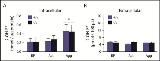 Figure 2. The amounts of superoxide-specific 2-OH-E+ generated from the oxidation of DHE are similar in Nox2-deficient and WT mice. Bead-purified platelets (pooled) from male Nox2-deficient (−/y) or WT (+/y) mice were incubated with DHE (25 µM), followed by activation (no stirring) or aggregation (with stirring) with thrombin (0.05 U/mL) and convulxin (50 ng/mL). The superoxide-specific oxidation product 2-OH-E+ was quantitated in platelet pellets (intracellular signal) (A) and supernatant fractions (extracellular signal) (B) using HPLC coupled with electrochemical detection and authentic standards. Data are presented as mean ± standard error (n = 3 or 4 mice in each group). *P < .05 vs. RP. 2-OH-E+ generation within different experimental conditions (ie, RP, Act, or Agg) and genotypes was analyzed using 2-way ANOVA with the Tukey test. Act, activated platelets; Agg, aggregated platelets; RP, resting platelets.