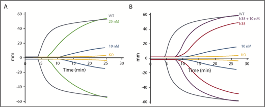 Figure 2. Additive effect of rFVIIa and pFVIII by ROTEM. ROTEM analyses were performed as in Figure 1. (A) rFVIIa was added to FVIIInull (KO) mouse whole blood at final concentrations of 10 and 25 nM. (B) Line h38 whole blood in the absence or presence of addition of 10 nM of rFVIIa was compared with FVIIInull mouse whole blood with addition of 10 nM of rFVIIa. WT and FVIIInull mouse blood were used as positive and negative controls, respectively. Each curve represents 4 independent studies. Supplemental Table 2 summarizes a parametric analysis of these data.