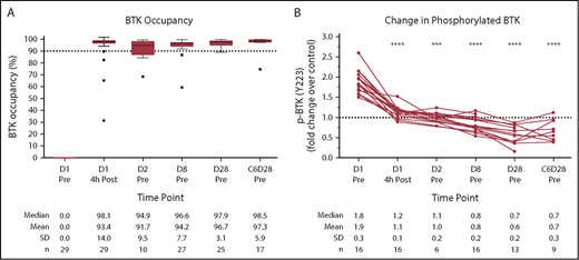 Figure 4. Acalabrutinib pharmacodynamics in ibrutinib-intolerant patients. (A) BTK occupancy for ibrutinib-intolerant patients with day-1 (D1) predose (Pre) signal/noise ratio ≥5 (n = 4 patients excluded for this reason). For the box plots, the horizontal line in the center of the box shows the median, and the upper and lower edges of the box show the 25th and 75th percentiles, respectively. The I bars (whiskers) represent 1.5× the interquartile range, with symbols showing outliers according to the Tukey method. (B) BCR-induced BTK phosphorylation (p) shown as fold over D1 predose plus exogenous acalabrutinib control. Filtered on D1 predose fold change >1.5 (n = 15 patients excluded for this reason; n = 2 patients had insufficient cells to perform the assay). Significance was determined using a paired, 2-tailed, parametric Student t test comparing time points with D1 predose. ***P < .001, ****P < .0001. C, cycle; Post, postdose; SD, standard deviation.