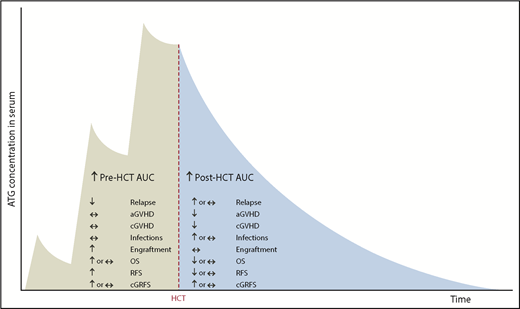 Figure 7. Summary of the effects of pre- and post-HCT ATG AUCs on clinical outcomes.