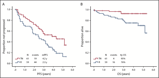 Figure 2. Survival according to treatment arm. (A) PFS according to treatment arm. (B) OS according to treatment arm. mPFS, median PFS.