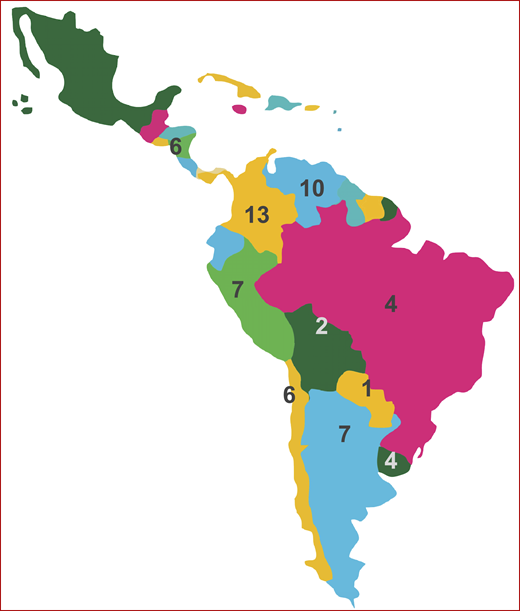 Latin American countries with LARAA participating centers and the number of centers in each country.