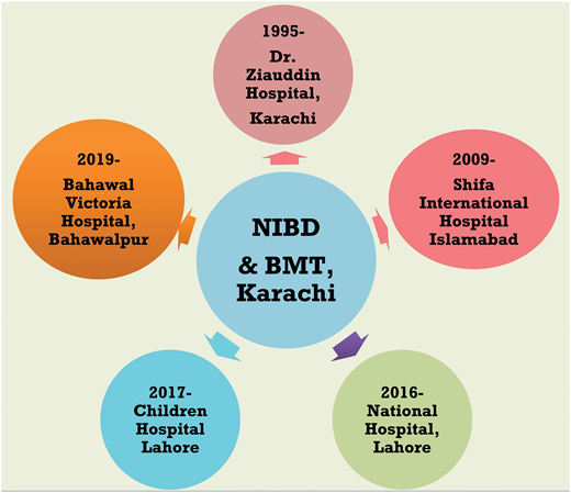 Timeline of NIBD efforts to help public and private-sector hospitals establish BMT units.