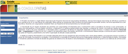 Web page for http://coagulopatiasweb.datasus.gov.br.