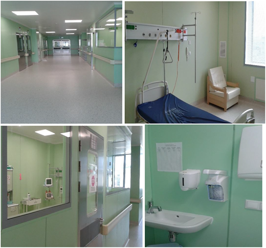 Transplantation unit with 6 hospital beds with special conditions: sterile rooms with negative air pressure.