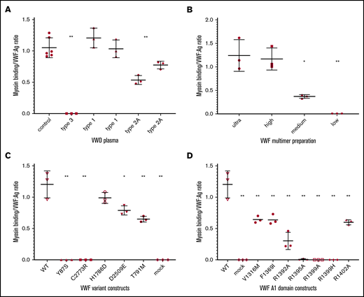 Myosin binds to VWF. VWF:Ag is shown for plasma-derived VWF and recombinant VWF. (A) Myosin binding in plasma samples from healthy donors (“control”) and donors with VWF (types 3, 1, and 2A). No significant difference was found between the control myosin binding and type 1 myosin binding, but control myosin binding and type 1 myosin binding were significantly different compared with type 2 myosin binding. (B) Myosin binding is dependent on presence of high molecular weight multimers using recombinant VWF separated into fractions based on the molecular weight of the multimers contained therein (ultra high, high, medium, and low). A significant difference was noted for the medium and low molecular weight multimers compared with the high and ultrahigh molecular weight multimers. (C) Myosin binding to recombinant VWF, including WT recombinant VWF, constructs containing VWF variants that affect multimerization (87S and 2773R), the VWF A3 domain (1786D), which affects collagen III binding, a C-terminal domain RGD site variant (2509E), a D′ variant causing type 2N VWD (791M), and a construct without any VWF sequence as a negative control (mock). (D) A1 domain specificity of myosin binding to recombinant VWF constructs. n ≥ 3. Error bars denote 1 standard deviation. *P < .05, **P < .005.