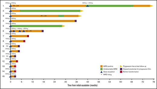 Outcomes after treatment escalation Swimmers plot for patients who received escalated doses of venetoclax. CR, complete response; PR, partial response; SD, stable disease.