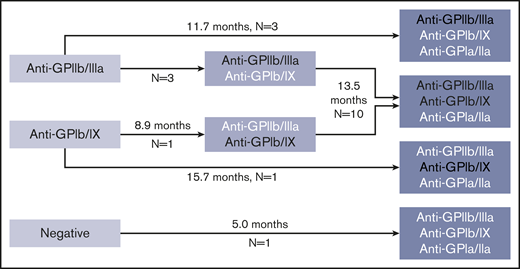 Pattern of possible epitope spreading observed in patients with increasing numbers of glycoprotein-specific autoantibodies on interval testing. Median durations between assays given. White text delineates new autoantibodies present in subsequent assay not present in previous assay. Platelet count at the time of testing was similar at first test compared with repeat test (88 × 109/L at first test and 71 × 109/L at repeat test, P = .17 by paired Student t test).