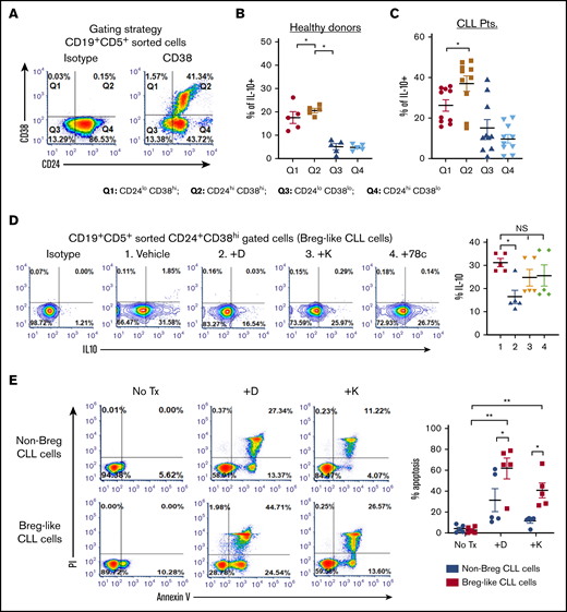 Breg-like CLL cells produce IL-10 and are highly sensitive to the cytotoxic effects of anti-CD38 agents. (A-C) PBMCs from patients with CLL (n = 10) and healthy donors (n = 5), were CD19+CD5+ flow sorted and further gated based on CD24+CD38+ surface expression (A) (representative density plot shown to illustrate gating strategy: Q1, CD24loCD38hi; Q2, CD24hiCD38hi; Q3, CD24loCD38lo; and Q4, CD24hiCD38lo) followed by measurement of intracellular IL-10 within the PBMC fraction from healthy donors (B) and patients with CLL (C). (D) PBMCs from patients with CLL (n = 5) were treated with vehicle, daratumumab (1 µg/mL), kuromanin (30 µM), or 78c (0.5 µM), followed by quantification of Breg-like CLL cells. (E) PBMCs from patients with CLL (n = 5) were sorted to enrich for Breg-like CLL cells (CD19+CD5+CD24+CD38+) and non-Breg CLL cells (CD19+CD5+CD24+CD38−) and treated with vehicle, daratumumab (1 µg/mL), or kuromanin (30 µM). After 24 hours, cells were stained with annexin V and propidium iodide (PI) and percentage apoptotic cells measured on a flow cytometer. Contour or density plots are representative and compiled data are presented as mean ± SEM, with individual data points overlaid. Each experiment was performed at least twice in duplicate. *P < .05; **P < .001. NS, not significant.