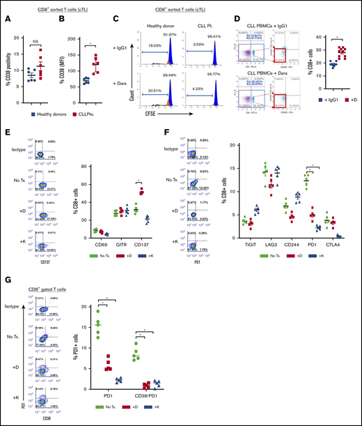 Daratumumab induces expansion of activated and patient-tumor specific cTLs. (A-B) cTLs were sorted from PBMCs of healthy donors (n = 6) and patients with CLL (n = 6), with CD38 levels determined as percentage expression (A) and MFI (B). (C) Flow-sorted cTLs were labeled with carboxyfluorescein succinimidyl ester followed by treatment with daratumumab for 72 hours. cTL proliferation was measured and data were represented as multicolor cell proliferation histograms. (D) PBMCs from patients with CLL were incubated with IgG1 control Ab or daratumumab (1 µg/mL) for 72 hours and CD3+CD8+ T cells were gated to determine percentage of cTLs. (E) Cell surface markers of T-cell activation (CD69, GITR, CD137) and (F) exhaustion (TIGIT, Lag3, CD244, PD1, CTLA4) were measured on CD3+CD8+ gated cTLs from PBMCs of patients with CLL, which were ex vivo treated with daratumumab (D, 1 µg/mL) or kuromanin (30 µM) for 72 hours. Contour plots are representative and compiled data are presented as mean ± SEM with individual data points overlaid. (G) The presence of CD38+PD1+ co-expressing cTLs was measured in CD3+CD8+ gated T cells from PBMCs from patients with CLL treated with daratumumab (1 µg/mL, 72 hours) or kuromanin (30 µM, 72 hours). Data are represented as scatter dot plots of percentage PD1+ cells or percentage CD38+PD1+ cells ± SEM. (H) An illustration of the experimental design in testing daratumumab-primed or unprimed cTL cytolytic response to either untreated CLL cells (−D) or daratumumab-treated CLL cells (+D) from 9 patients is presented. Notably, 7 of these patients were considered as having CD38− disease. (I) Untreated CLL cells (−D) or daratumumab-treated CD19+ CLL cells (+D) were labeled with Calcein-AM and cocultured with daratumumab-primed patient autologous cTLs or unprimed cTLs (exposed to IgG1-isotype control Ab) for 6 hours. Percentage specific lysis of CLL cells was measured as percentage calcein release in supernatant. Calcein-AM released from Triton X-100 treated cells (%) was used as maximum lysis and that from untreated CLL cells was used as spontaneous lysis. (J) Similarly, patient-specific tumor specificity of daratumumab-primed cTLs was measured using Calcein-AM labeled autologous/allogeneic CLL cells. Data are represented as scatter dot plots of percentage mean specific lysis of tumor cells ± SEM. Each experiment was performed at least twice in duplicate. *P < .05.