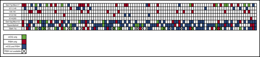 Heat map illustrating paired analysis of FISH and metaphase cytogenetic (mCG) abnormalities. Each row corresponds to a specific cytogenetic abnormality, and each column represents an individual patient.