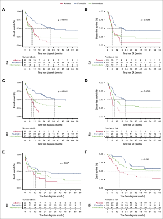 Survival curves as estimated per Kaplan-Meier method. (A) OS for ENL2017 in FMUSP. (B) DFS for ELN2017 in FMUSP. (C) OS for AGR in FMUSP. (D) DFS for AGR in FMUSP. (E) OS for AGR in FMRP. (F) OS for AGR in OUH. The dashed line indicates median survival.