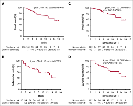 Kaplan-Meier plots of OS and LFS of 110 total patients and 102 CR patients after anti-CD 19 CAR T-cell therapy. (A-D) On day 30 after anti-CD19 CAR T-cell infusion, 102 of 110 patients achieved morphologic CR. To show long-term efficacy after CAR T-cell therapy, Kaplan-Meier analysis of OS and LFS were performed for both the 110 total patients and 102 CR patients.