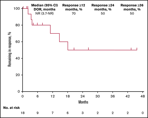 Kaplan-Meier analysis of DOR in the total population. NR, not reached.