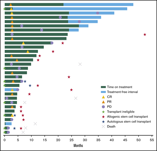 Time to response and DOR in the total population. Six patients died after the study because of malignant neoplasm progression (n = 4), veno-occlusive liver disease (n = 1), and an unknown cause (n = 1).