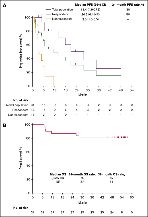 Kaplan-Meier analysis of PFS and OS in the total population. (A) PFS in the total population and by best response (responders vs nonresponders). (B) OS in the total population.