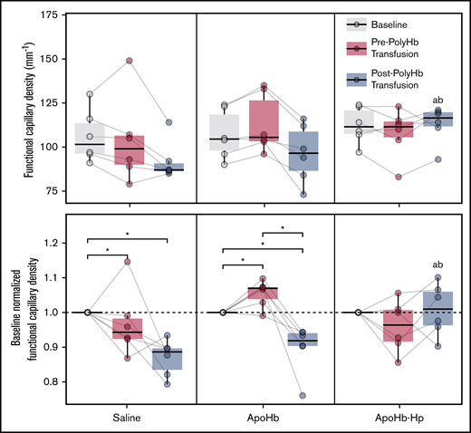 FCD measured at baseline; after administration of saline, apoHb, or apoHb-Hp; and after 20% isovolemic exchange transfusion of PolyHb. Top panels show the measured values; bottom panels show values normalized to the baseline FCD of the same animal. Gray lines connect measurements obtained in the same animal. *P < .05 compared between groups. aP < .05 compared with the saline administration group at the same timepoint. bP < .05 compared with the apoHb administration group at the same time point. n = 5 animals per group.