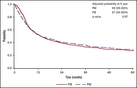 Adjusted survival curve comparing FM vs FB RIC on OS (full cohort).