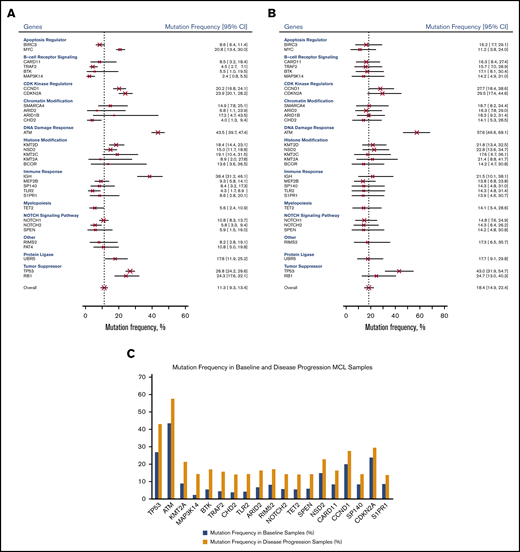 Mutation frequency of genes. Mutation frequency at baseline by gene (A), at disease progression by gene (B), and in baseline and disease progression samples (C).