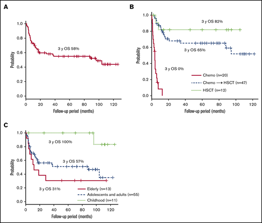 The survival rates after diagnosis. (A) The survival time from diagnosis of the 80 patients whose clinical courses were available. (B-C) The survival after treatment initiation of 79 patients whose clinical courses were available. The survival rates are given for each treatment (B) and each age group (C).