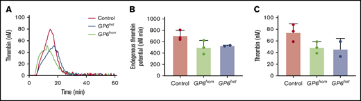 GPVI deficiency leads to a partial reduction in thrombin generation. Thrombin generation assay was performed in platelets from control, GP6het, and GP6hom patients. (A) Thrombin generation curves from a control, GP6het, and GP6hom individual are shown. (B) ETP is shown. (C) Peak height is shown. Data are resented as mean ± SD; control = 3, GP6het = 2, and GP6hom = 3.