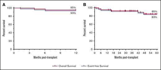 Survival. (A) Overall survival was 95% (95% CI, 83-99) at 1 year, and EFS was 93% (95% CI, 80-98) at 1 year. (B) Overall survival was 85% (95% CI, 67-94) at 5 years posttransplantation and 83% (95% CI, 66-92) at 5 years posttransplantation.
