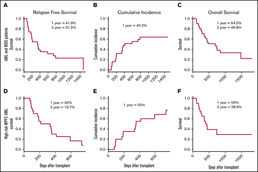 Survival and incidence of relapse. RFS (A,D), cumulative incidence of relapse (B,E), and OS (C,F) for AML and MDS patients (A-C) and high-risk patients with AML defined by MPFC (D-F).