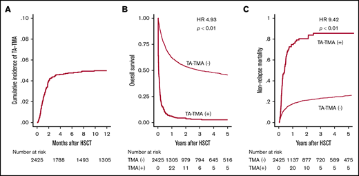 Cumulative incidence of TA-TMA and its effect on survival after allo-HSCT. (A) Cumulative incidence of TA-TMA was calculated using Gray’s method. (B) OS is shown in the Simon-Makuch plot, with TA-TMA treated as a time-dependent variable. (C) The cumulative incidence of NRM for patients with or without TA-TMA.