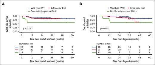 Kaplan-Meier curves for the R-CHOP subgroup. Comparison of EFS (A) and OS (B) in the 3 FISH groups.
