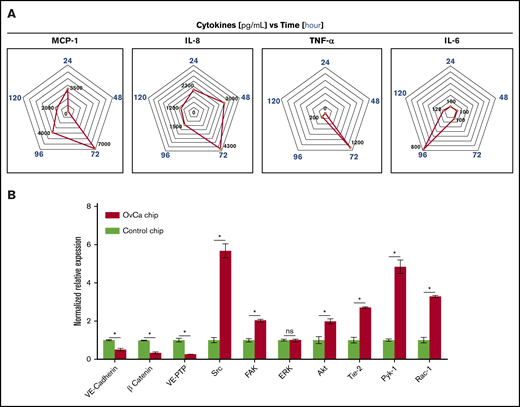 Cytokines and gene expression analysis. (A) Concentrations of cytokines released within the OvCa-Chip relative to the Control-Chip (MCP-1, IL-8, TNF-α, and IL-6), which showed a significant increase in time (n = 3 individual experiments). (B) Relative expression of different endothelial genes in OvCa-Chips vs Control-Chips. The percentage expression of respective genes (relative to GAPDH) were normalized with respect to the percentage expression measured in Control-Chips. Error bars indicate the mean ± SEM; n = 3 individual experiments. Two-tailed paired Student t test; *P < .05.