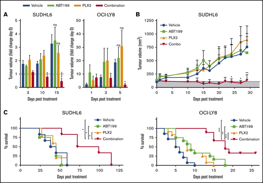 PLX2853 BETi: ABT199 combination therapy enhances survival in DHL xenografts. After detection of tumor growth, SUDHL6- or OCI-LY8–bearing NSG animals were randomized into treatment arms with equivalent mean tumor volume. Subsequently, animals were treated with 5 mg/kg PLX2853 (orally once daily), 50 mg/kg ABT199 (orally once daily), or both in combination, and tumor growth was monitored in comparison with a vehicle control (A-B). Animals were maintained on therapy until the humane end point was reached (OCI-LY8) or for 28 days (SUDHL6), and overall survival was assessed (C). Shaded area in panel B represents tumor size before start of treatment. OCI-LY8 data represent 2 independent experiments combined: vehicle (n = 14), ABT199 (n = 12), PLX2853 (n = 12), combination (n = 9). SUDHL6 data: vehicle (n = 6), ABT199 (n = 4), PLX2853 (n = 5), combination (n = 6). (A-B) Statistical analyses were performed using 2-way ANOVA and Dunnett’s multiple comparisons test. (C) Survival analysis was performed using a log-rank test and Holm-Sidak multiple comparisons correction. Error bars represent SEM. ****P < .00005, ***P < .0005, **P < .005, *P > .05.