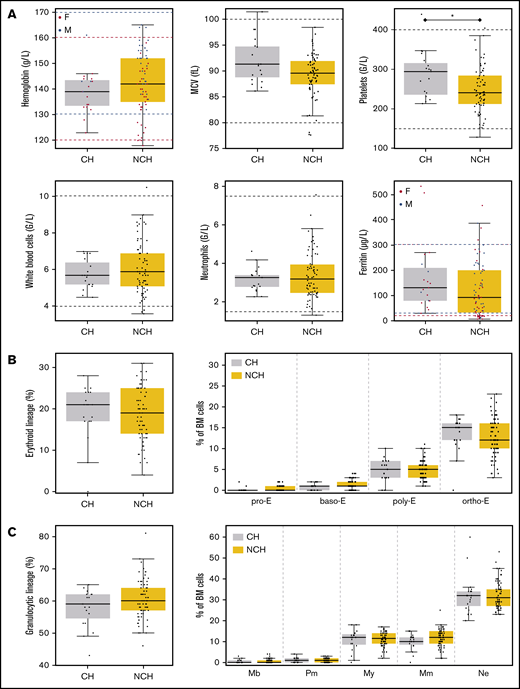 PB and BM parameters according to the presence of CH or absence of CH (NCH). (A) Six PB parameters are shown in the boxplot. Horizontal dashed lines indicate usual values. For parameters impacted by sex, values for women are in red and values for men are in blue. (B) Percentages of BM cells from the erythroid lineage (left panel) and maturation of the erythroid lineage (right panel) in the BM of volunteers with CH or without CH (NCH) are shown in boxplots. (C) Percentages of BM cells from the granulocytic lineage (left panel) and maturation of the granulocytic lineage (right panel) in the BM of volunteers with or without CH are shown in boxplots. baso-E, basophilic erythroblasts; F, female; M, male; Mb, myeloblasts; MCV, mean corpuscular volume; Mm, metamyelocytes; My, myelocytes; ortho-E, orthochromatic erythroblasts; Pm, promyelocytes; poly-E, polychromatic erythroblasts; pro-E, proerythroblasts.