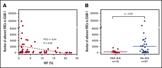 Adhesion of HbSS RBCs to immobilized ICAM-1 in vitro correlates clinically with HbF levels. (A) There is an inverse relationship between RBC adhesion to ICAM-1 and HbF level. The P value was based on 1-way ANOVA. (B) Subjects with higher HbF levels (using a previously defined ameliorative cutoff of 8.6%22) had significantly lower numbers of adherent RBCs compared with those with lower HbF levels. The horizontal lines represent the means; ‘‘n’’ represents the number of subjects. The Mann-Whitney nonparametric U test was used to calculate the P value in panel B. PCC, Pearson’s correlation coefficient.