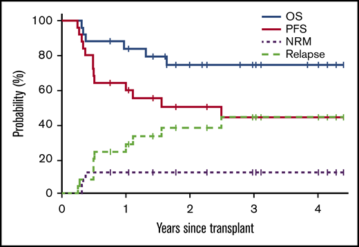 Survival estimates and estimated cumulative incidence of OS, PFS, relapse/progression, and NRM.
