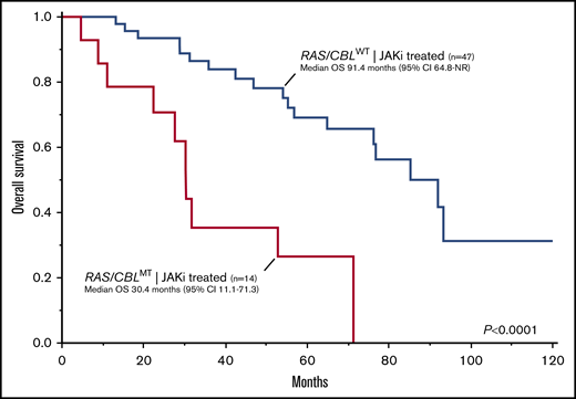 Kaplan-Meier estimates of OS in 61 patients with MF treated with JAKis by the presence or absence of RAS/CBLMTs.