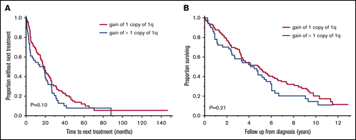 Impact of 1q copy number on TTNT and OS. Comparison of TTNT (months) (A) and OS (years) (B) in patients with gain of 1 copy of 1q (red curve) and patients with gain of >1 copy of 1q (amplification; blue curve).