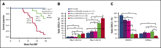 Reconstitution of BM cells from mice with JMML and littermates in competitive BMT. (A) Kaplan-Meier survival curves from recipients transplanted with BM from mice with JMML and juvenile littermates or from Pten+/ΔNf1LOH mice with CMML at the age of 3 months when they were moribund. (B-C) Blood engraftment data from transplanted mice. Blood was collected from recipient mice at 12 to 16 weeks post-BMT. Data are mean ± standard error. *P < .05, **P < .01, ***P < .001. See additional supportive data in supplemental Figure 8.