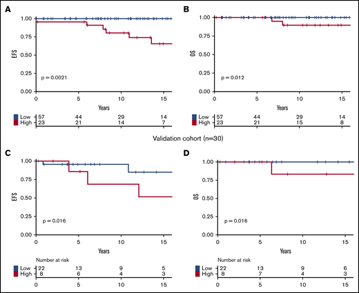 Survival of patients. Survival curves are represented in yellow for high-risk patients and in blue for patients with low-risk score. (A) EFS in the testing cohort. (B) OS in the testing cohort. (C) EFS in the validation cohort. (D) OS in the validation cohort.