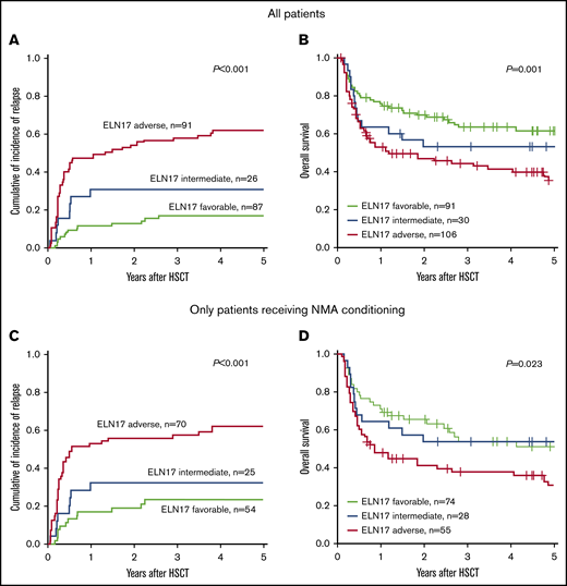 Prognostic impact of the ELN2017 risk classification in patients with AML who undergo allogeneic HSCT. Allocation to the 3 risk groups according to the ELN2017 classification predicted CIR (A) and OS (B) in patients with AML who undergo allogeneic HSCT. The prognostic impact, CIR (C) and OS (D) was retained in patients who underwent allogeneic HSCT after NMA conditioning.
